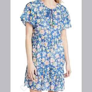 Shoshanna 100% Cotton Tiered Mini Dress Blue Floral‎ XS Lightweight Garden